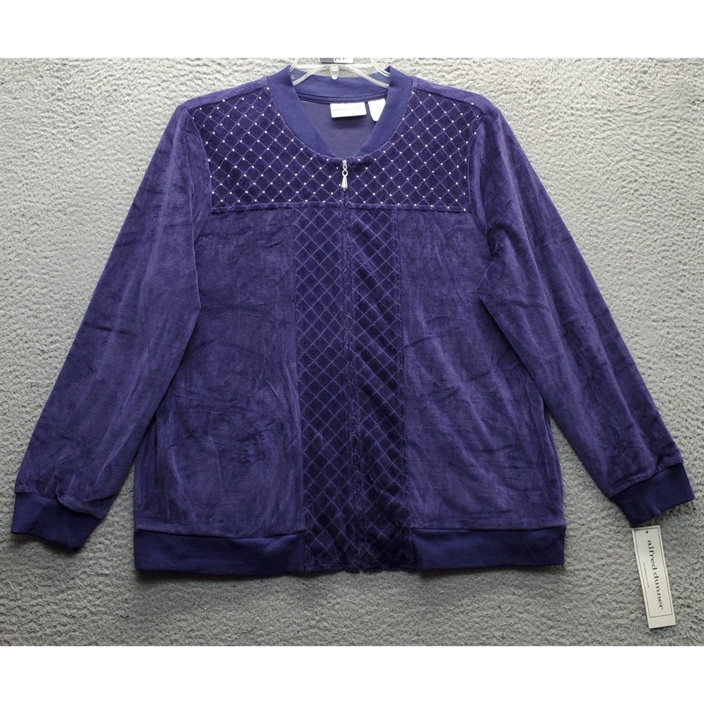 Alfred Dunner Velour Jacket Womens 14 Purple Boho Rhinestone Quilted Full Zip